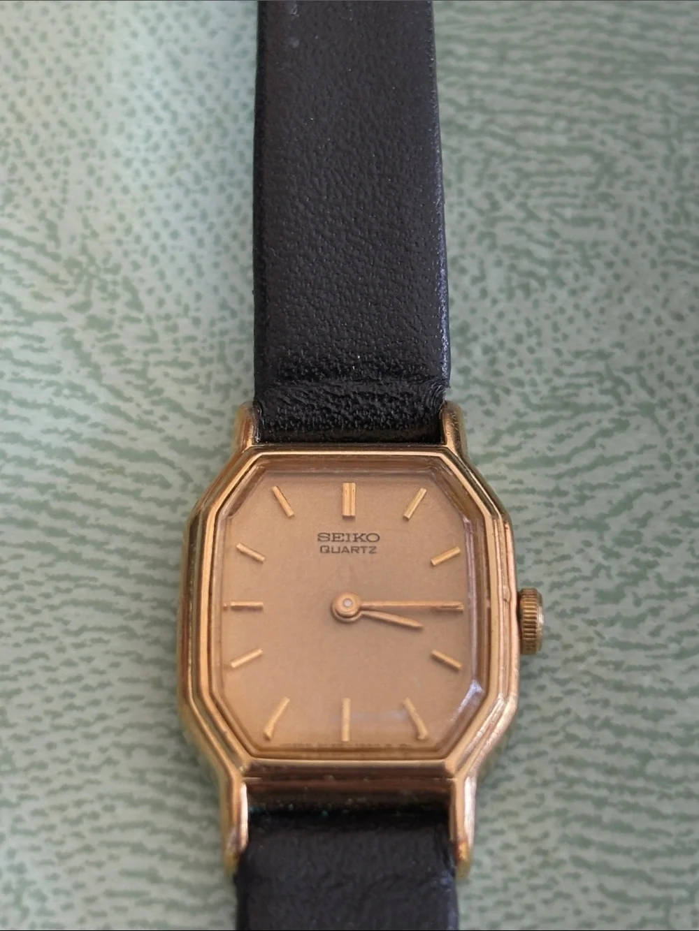 Seiko Gold-Tone Octagonal Case with Black Leather Strap